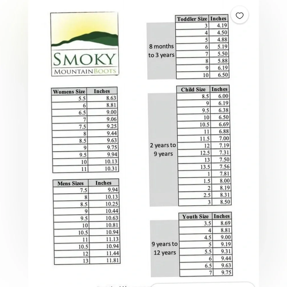 Smoky Mountain Boots Size Chart Poster
